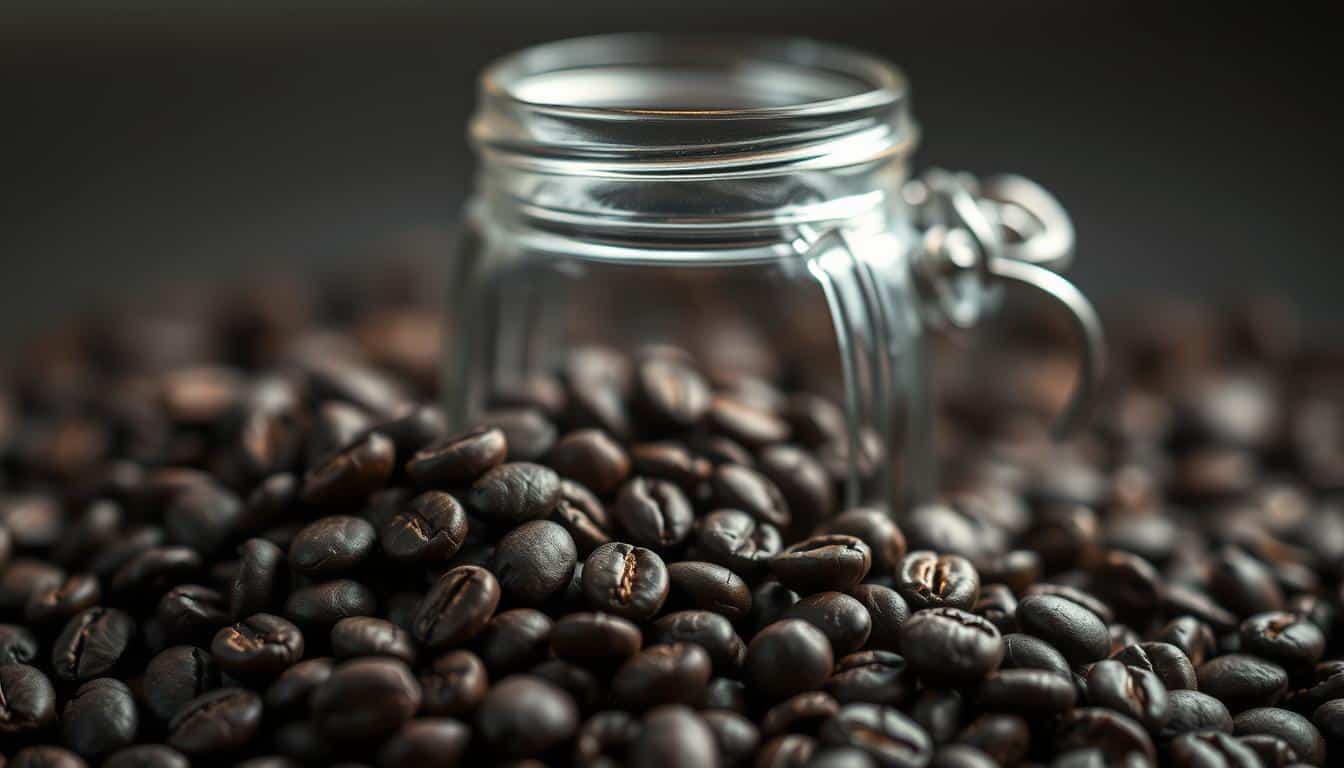 A close-up, macro photography-style shot of a small, glass jar filled with dark-roasted coffee beans. The beans are evenly scattered and glistening with a hint of natural oils, creating an intricate, textured pattern. The lighting is soft and diffused, casting subtle shadows that accentuate the depth and three-dimensionality of the beans. The background is blurred, creating a sense of focus and emphasis on the central subject. The overall mood is one of calm, meditative contemplation, highlighting the essence of the coffee bean as a natural, caffeine-rich substance. A close-up, macro photography-style shot of a small, glass jar filled with dark-roasted coffee beans. The beans are evenly scattered and glistening with a hint of natural oils, creating an intricate, textured pattern. The lighting is soft and diffused, casting subtle shadows that accentuate the depth and three-dimensionality of the beans. The background is blurred, creating a sense of focus and emphasis on the central subject. The overall mood is one of calm, meditative contemplation, highlighting the essence of the coffee bean as a natural, caffeine-rich substance.