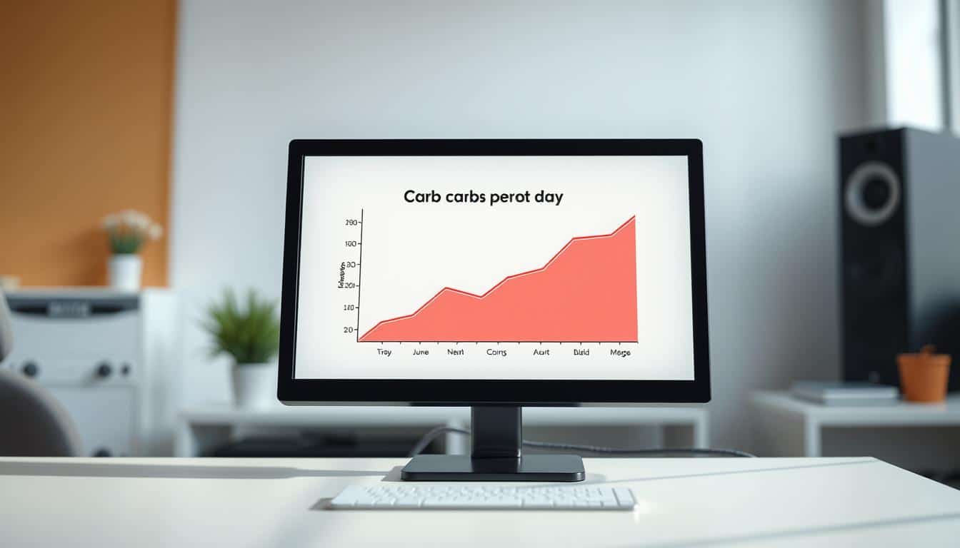 A close-up photograph of a digital screen displaying a simple graph or chart illustrating the concept of "carbs per day". The screen is situated on a clean, minimalist desk, with a blurred background that suggests a modern, well-lit office or studio setting. The graph should be clear, legible, and easy to interpret, with carefully selected colors and typography that convey a sense of data-driven precision. Subtle highlights and reflections add depth and realism to the scene, while natural, directional lighting casts gentle shadows and highlights the textures of the desk surface and screen. The overall mood is one of informative simplicity, reflecting the importance of carbohydrate intake for athletic performance. A close-up photograph of a digital screen displaying a simple graph or chart illustrating the concept of "carbs per day". The screen is situated on a clean, minimalist desk, with a blurred background that suggests a modern, well-lit office or studio setting. The graph should be clear, legible, and easy to interpret, with carefully selected colors and typography that convey a sense of data-driven precision. Subtle highlights and reflections add depth and realism to the scene, while natural, directional lighting casts gentle shadows and highlights the textures of the desk surface and screen. The overall mood is one of informative simplicity, reflecting the importance of carbohydrate intake for athletic performance.