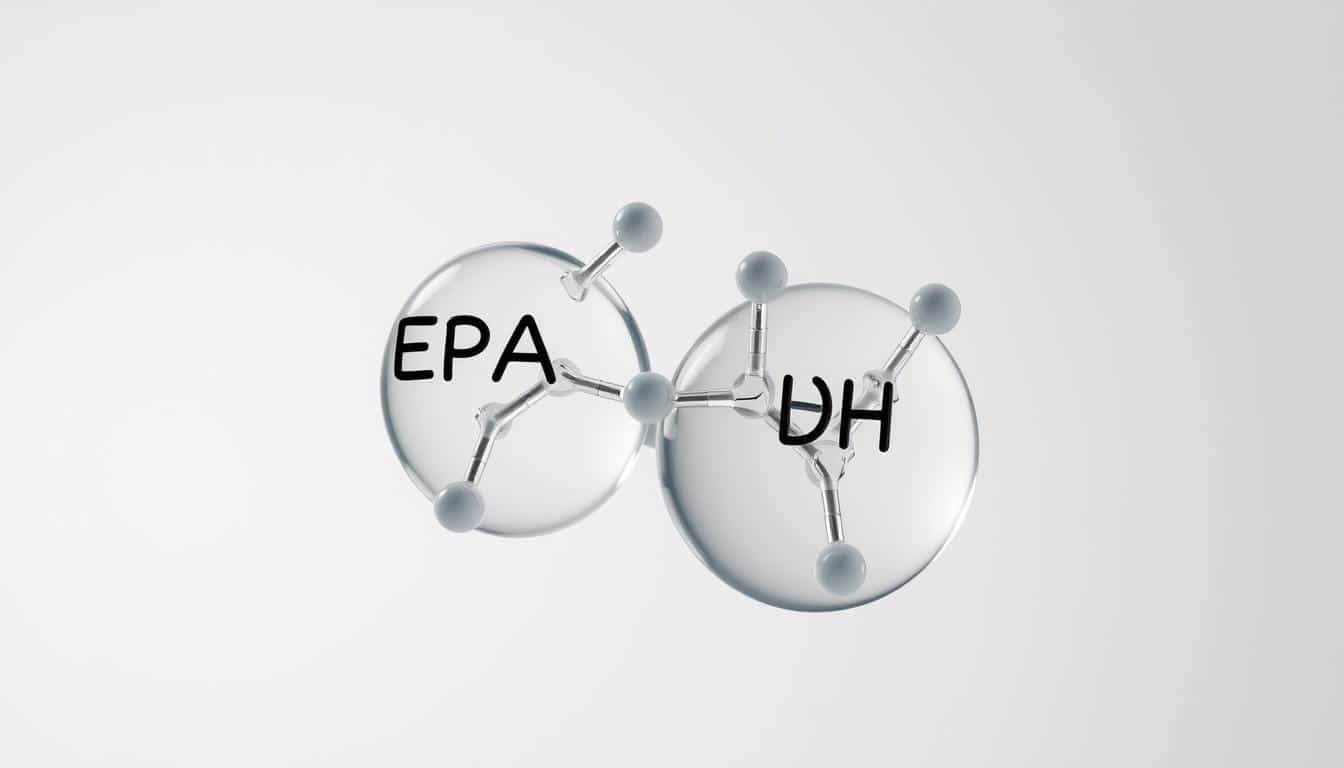 A detailed, sharply focused, high-definition photograph of two omega-3 fatty acid molecules - eicosapentaenoic acid (EPA) and docosahexaenoic acid (DHA) - suspended in a clear, glass-like medium. The molecules are rendered with immaculate precision, capturing their intricate chemical structures and bonds with photorealistic clarity. The lighting is natural and directional, casting subtle shadows that accentuate the three-dimensional form of the molecules. The background is a plain, neutral color that allows the molecules to stand out prominently. The overall composition is balanced and centered, highlighting the scientific nature of the subject matter. A detailed, sharply focused, high-definition photograph of two omega-3 fatty acid molecules - eicosapentaenoic acid (EPA) and docosahexaenoic acid (DHA) - suspended in a clear, glass-like medium. The molecules are rendered with immaculate precision, capturing their intricate chemical structures and bonds with photorealistic clarity. The lighting is natural and directional, casting subtle shadows that accentuate the three-dimensional form of the molecules. The background is a plain, neutral color that allows the molecules to stand out prominently. The overall composition is balanced and centered, highlighting the scientific nature of the subject matter.