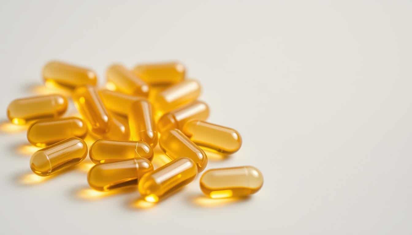 A high-quality, macro-style close-up photograph of a handful of omega-3 fish oil softgel capsules, placed on a clean, light gray background. The capsules are backlit to create a warm, natural glow, highlighting their translucent, golden-amber color and the visible liquid contents inside. The scene is evenly lit from the side, casting subtle shadows that add depth and dimension. The focus is sharp, capturing every minute detail of the capsules' surface texture, with a shallow depth of field that softly blurs the background. The overall composition is balanced and visually appealing, conveying a sense of simplicity and purity to represent the health benefits of omega-3 for muscle recovery. A high-quality, macro-style close-up photograph of a handful of omega-3 fish oil softgel capsules, placed on a clean, light gray background. The capsules are backlit to create a warm, natural glow, highlighting their translucent, golden-amber color and the visible liquid contents inside. The scene is evenly lit from the side, casting subtle shadows that add depth and dimension. The focus is sharp, capturing every minute detail of the capsules' surface texture, with a shallow depth of field that softly blurs the background. The overall composition is balanced and visually appealing, conveying a sense of simplicity and purity to represent the health benefits of omega-3 for muscle recovery.