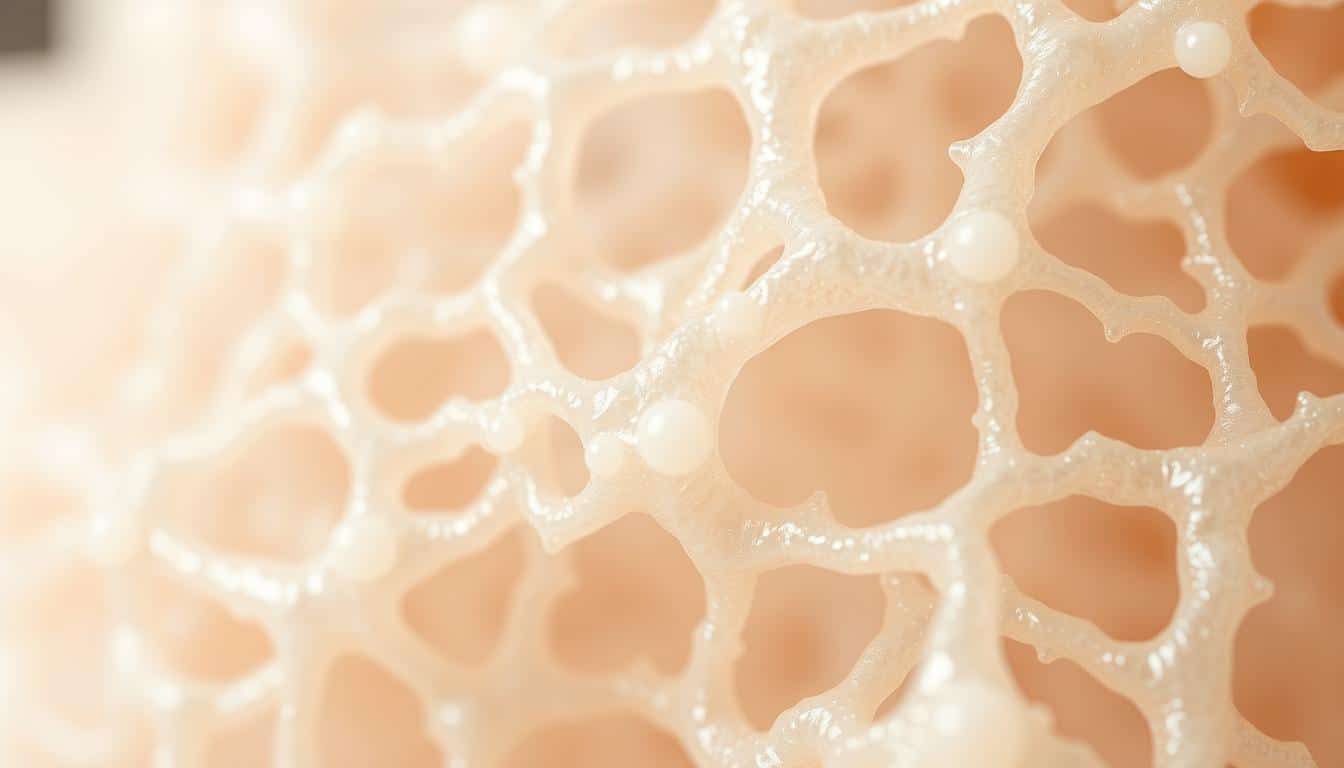 A highly detailed, macro-level photograph of collagen cartilage tissue, showcasing its intricate fibrillar structure and translucent, pearlescent appearance. The image should have a sharp focus, with excellent depth of field, highlighting the delicate, interwoven nature of the collagen fibers. Capture the tissue's resilience and flexibility, with a soft, natural lighting that enhances the material's organic, almost crystalline quality. Present the collagen cartilage in a clean, minimalist setting, allowing the subject to be the central focus, conveying its essential role in joint health and function. A highly detailed, macro-level photograph of collagen cartilage tissue, showcasing its intricate fibrillar structure and translucent, pearlescent appearance. The image should have a sharp focus, with excellent depth of field, highlighting the delicate, interwoven nature of the collagen fibers. Capture the tissue's resilience and flexibility, with a soft, natural lighting that enhances the material's organic, almost crystalline quality. Present the collagen cartilage in a clean, minimalist setting, allowing the subject to be the central focus, conveying its essential role in joint health and function.