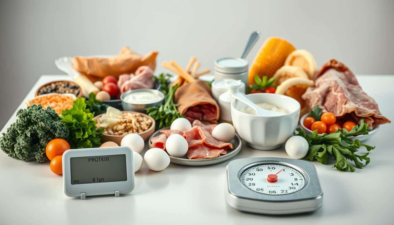 A meticulously detailed, high-resolution photograph showcasing a variety of protein-rich foods arrayed on a clean, minimalist table. The foreground features a precise scale displaying the nutritional information, with the grams of protein clearly visible. In the middle ground, an assortment of lean meats, eggs, Greek yogurt, and plant-based protein sources are arranged in an aesthetically pleasing, appetizing manner. The background is softly blurred, emphasizing the focal point of the protein content. The lighting is natural and diffuse, creating a warm, inviting atmosphere. The overall composition conveys a sense of balance, health, and precision, perfectly capturing the daily dietary needs of a wrestler in training. A meticulously detailed, high-resolution photograph showcasing a variety of protein-rich foods arrayed on a clean, minimalist table. The foreground features a precise scale displaying the nutritional information, with the grams of protein clearly visible. In the middle ground, an assortment of lean meats, eggs, Greek yogurt, and plant-based protein sources are arranged in an aesthetically pleasing, appetizing manner. The background is softly blurred, emphasizing the focal point of the protein content. The lighting is natural and diffuse, creating a warm, inviting atmosphere. The overall composition conveys a sense of balance, health, and precision, perfectly capturing the daily dietary needs of a wrestler in training.