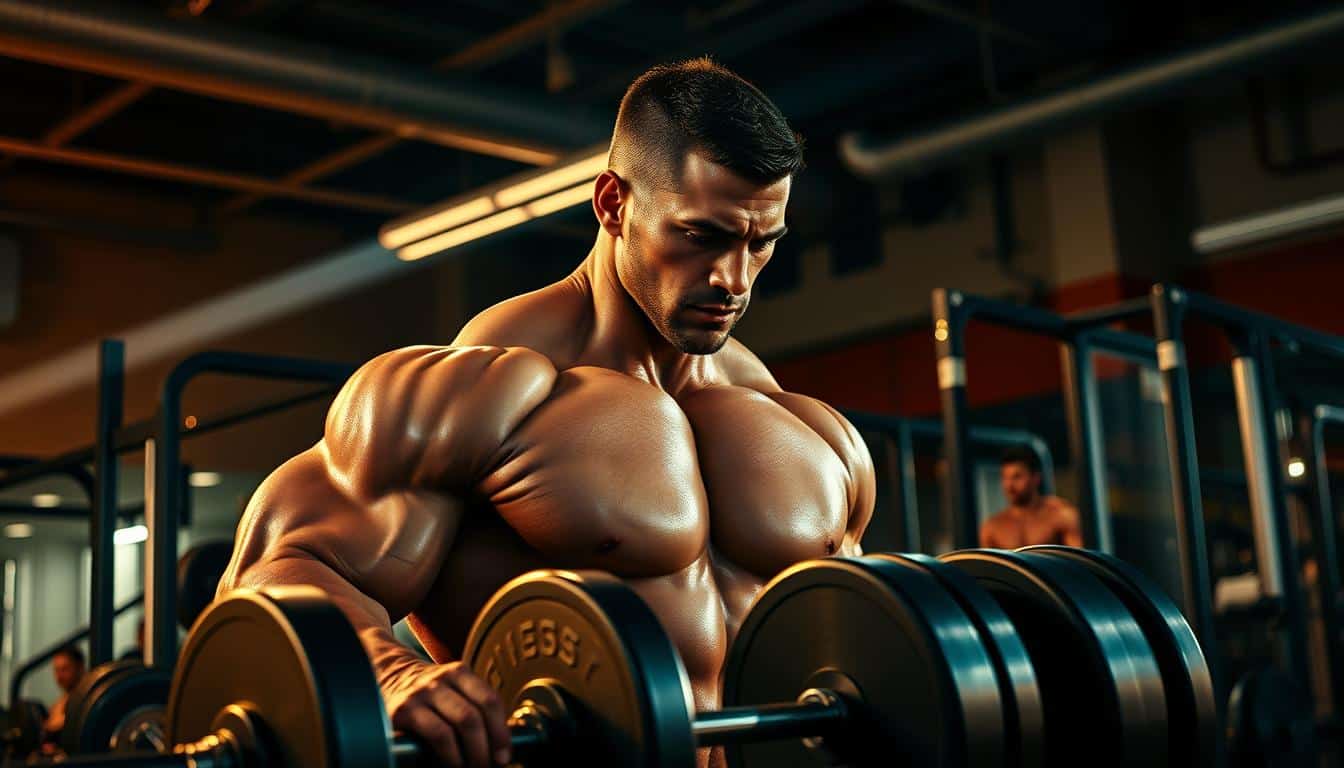A muscular athlete in a well-equipped gym, intently lifting weights. Beams of warm, directional lighting cast dramatic shadows, accentuating the definition of their physique. The weight rack, exercise machines, and other gym equipment create a dynamic, industrial-chic backdrop. The athlete's face is in focused determination, their body language exuding power and dedication. The scene conveys the ideal "best time to take creatine" moment - a high-intensity workout fueled by this proven sports supplement. A muscular athlete in a well-equipped gym, intently lifting weights. Beams of warm, directional lighting cast dramatic shadows, accentuating the definition of their physique. The weight rack, exercise machines, and other gym equipment create a dynamic, industrial-chic backdrop. The athlete's face is in focused determination, their body language exuding power and dedication. The scene conveys the ideal "best time to take creatine" moment - a high-intensity workout fueled by this proven sports supplement.