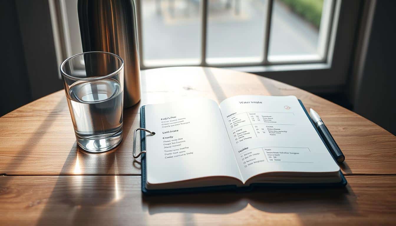 A serene, well-lit photograph of a wooden table with a glass of water, a stainless steel water bottle, and a notebook open to a page showing a detailed daily water intake schedule. The scene is illuminated by soft, diffused natural light from a window, casting gentle shadows and highlighting the textures of the materials. The composition is balanced, with the water-related items positioned in the foreground, and the notebook serving as the focal point. The overall mood is calm, organized, and focused on the importance of maintaining a consistent hydration routine. A serene, well-lit photograph of a wooden table with a glass of water, a stainless steel water bottle, and a notebook open to a page showing a detailed daily water intake schedule. The scene is illuminated by soft, diffused natural light from a window, casting gentle shadows and highlighting the textures of the materials. The composition is balanced, with the water-related items positioned in the foreground, and the notebook serving as the focal point. The overall mood is calm, organized, and focused on the importance of maintaining a consistent hydration routine.