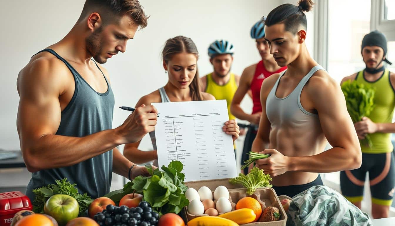 A vibrant, hyper-realistic photograph depicting a diverse group of athletic individuals gathered around a bountiful, neatly organized grocery list. In the foreground, a fit, muscular track athlete examines a crisp apple, while a lithe rock climber checks off items on the list with a pen. In the middle ground, a powerlifter scrutinizes a carton of eggs, and a soccer player juggles a bundle of fresh greens. In the background, a cyclist and a swimmer stand side by side, discussing the optimal nutrient-rich ingredients for their post-workout meals. The scene is bathed in soft, natural lighting that accentuates the athletes' chiseled physiques and the vivid colors of the produce. The overall atmosphere conveys a sense of health, wellness, and the intersection of elite athleticism and wholesome, performance-enhancing nutrition. A vibrant, hyper-realistic photograph depicting a diverse group of athletic individuals gathered around a bountiful, neatly organized grocery list. In the foreground, a fit, muscular track athlete examines a crisp apple, while a lithe rock climber checks off items on the list with a pen. In the middle ground, a powerlifter scrutinizes a carton of eggs, and a soccer player juggles a bundle of fresh greens. In the background, a cyclist and a swimmer stand side by side, discussing the optimal nutrient-rich ingredients for their post-workout meals. The scene is bathed in soft, natural lighting that accentuates the athletes' chiseled physiques and the vivid colors of the produce. The overall atmosphere conveys a sense of health, wellness, and the intersection of elite athleticism and wholesome, performance-enhancing nutrition.