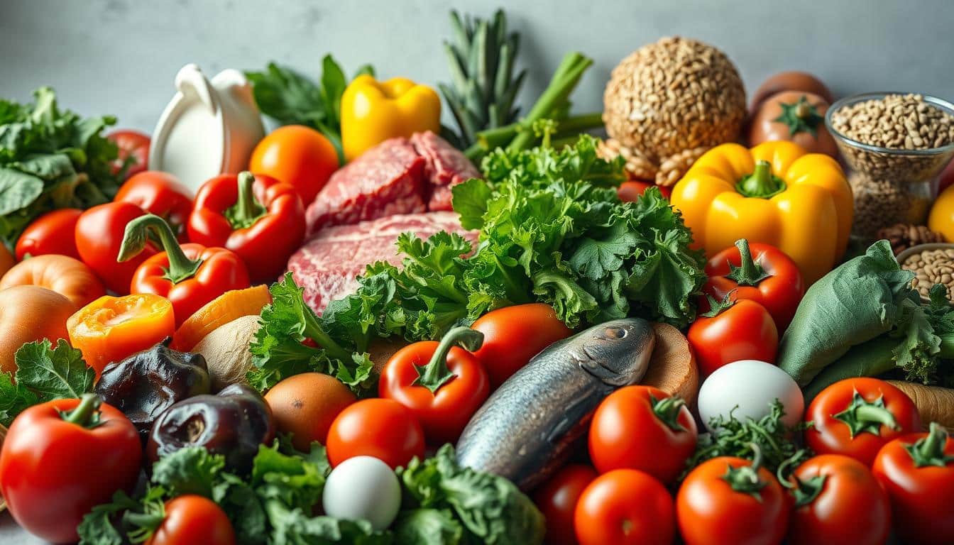 A vibrant, hyper-realistic photograph of an assortment of fresh, nutritious whole foods arranged in a visually striking still life. In the foreground, a variety of colorful vegetables such as brightly-colored bell peppers, leafy greens, and juicy tomatoes. In the middle ground, high-protein foods like lean meats, fish, and eggs. In the background, complex carbohydrates like whole grains, nuts, and seeds. Soft, diffused lighting illuminates the scene, casting delicate shadows and highlights the natural textures and colors of the ingredients. The composition is carefully balanced, drawing the viewer's eye to the center of the frame, conveying a sense of abundance, health, and the benefits of a well-rounded, low-carb diet for athletic performance. A vibrant, hyper-realistic photograph of an assortment of fresh, nutritious whole foods arranged in a visually striking still life. In the foreground, a variety of colorful vegetables such as brightly-colored bell peppers, leafy greens, and juicy tomatoes. In the middle ground, high-protein foods like lean meats, fish, and eggs. In the background, complex carbohydrates like whole grains, nuts, and seeds. Soft, diffused lighting illuminates the scene, casting delicate shadows and highlights the natural textures and colors of the ingredients. The composition is carefully balanced, drawing the viewer's eye to the center of the frame, conveying a sense of abundance, health, and the benefits of a well-rounded, low-carb diet for athletic performance.