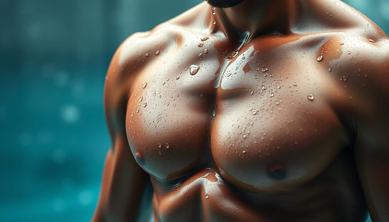 water droplets glistening on a muscular, athletic body against a blurred, aqua-toned background, capturing the essence of hydration and its importance for athletic performance and overall health water droplets glistening on a muscular, athletic body against a blurred, aqua-toned background, capturing the essence of hydration and its importance for athletic performance and overall health