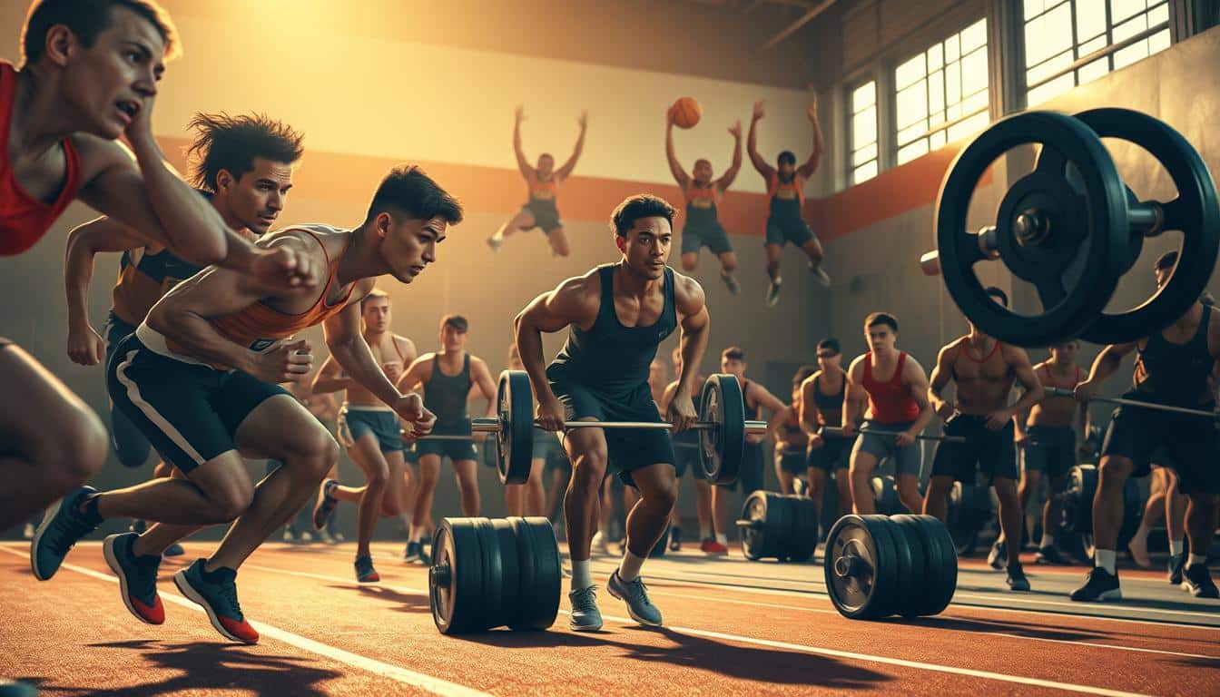 A group of athletes engaged in various high-intensity exercises, captured in a breathtaking, hyper-realistic scene. In the foreground, a sprinter explodes off the starting blocks, their muscles rippling with power. In the middle ground, weightlifters strain under the load of heavy barbells, their faces etched with determination. In the background, a team of basketball players soar through the air, their bodies in perfect harmony. The lighting is warm and natural, casting a golden glow over the scene. The camera angle is elevated, providing a dynamic and immersive perspective. The overall mood is one of intensity, focus, and the pursuit of athletic excellence. A group of athletes engaged in various high-intensity exercises, captured in a breathtaking, hyper-realistic scene. In the foreground, a sprinter explodes off the starting blocks, their muscles rippling with power. In the middle ground, weightlifters strain under the load of heavy barbells, their faces etched with determination. In the background, a team of basketball players soar through the air, their bodies in perfect harmony. The lighting is warm and natural, casting a golden glow over the scene. The camera angle is elevated, providing a dynamic and immersive perspective. The overall mood is one of intensity, focus, and the pursuit of athletic excellence.