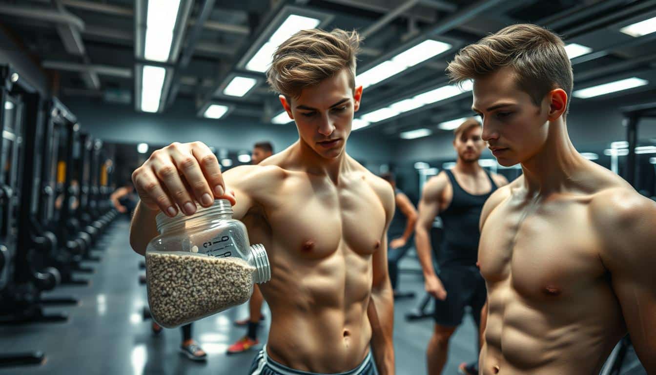 A group of teenage athletes in a weight room, focused intently on their workout routine. In the foreground, a young male athlete carefully measures out a serving of creatine powder into a shaker bottle, the granules reflecting the bright overhead lighting. In the middle ground, other athletes perform strength exercises with determination, their muscles rippling beneath skin-tight athletic wear. The background is a clean, modern gym setting with glossy floors, mirrors, and state-of-the-art equipment, conveying an atmosphere of health, discipline, and peak performance. The scene is captured with a wide-angle lens, creating a sense of depth and immersion. A group of teenage athletes in a weight room, focused intently on their workout routine. In the foreground, a young male athlete carefully measures out a serving of creatine powder into a shaker bottle, the granules reflecting the bright overhead lighting. In the middle ground, other athletes perform strength exercises with determination, their muscles rippling beneath skin-tight athletic wear. The background is a clean, modern gym setting with glossy floors, mirrors, and state-of-the-art equipment, conveying an atmosphere of health, discipline, and peak performance. The scene is captured with a wide-angle lens, creating a sense of depth and immersion.