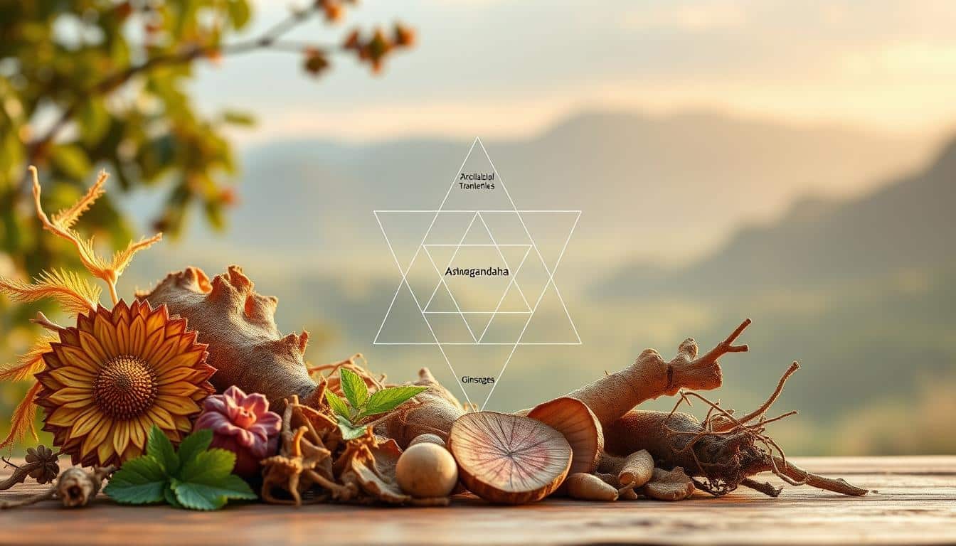 A visually compelling illustration of adaptogens, showcased against a serene natural backdrop. In the foreground, a vibrant arrangement of adaptogenic herbs and roots, including ashwagandha, rhodiola, and ginseng, each with intricate textures and vivid hues. In the middle ground, a minimalist geometric diagram highlighting the key properties of adaptogens, such as their ability to help the body adapt to stress. The background features a tranquil landscape, with soft, diffused lighting casting a warm, earthy glow over the scene, creating a sense of balance and harmony. The overall composition conveys the essence of adaptogens - natural, holistic, and beneficial for overall well-being. A visually compelling illustration of adaptogens, showcased against a serene natural backdrop. In the foreground, a vibrant arrangement of adaptogenic herbs and roots, including ashwagandha, rhodiola, and ginseng, each with intricate textures and vivid hues. In the middle ground, a minimalist geometric diagram highlighting the key properties of adaptogens, such as their ability to help the body adapt to stress. The background features a tranquil landscape, with soft, diffused lighting casting a warm, earthy glow over the scene, creating a sense of balance and harmony. The overall composition conveys the essence of adaptogens - natural, holistic, and beneficial for overall well-being.